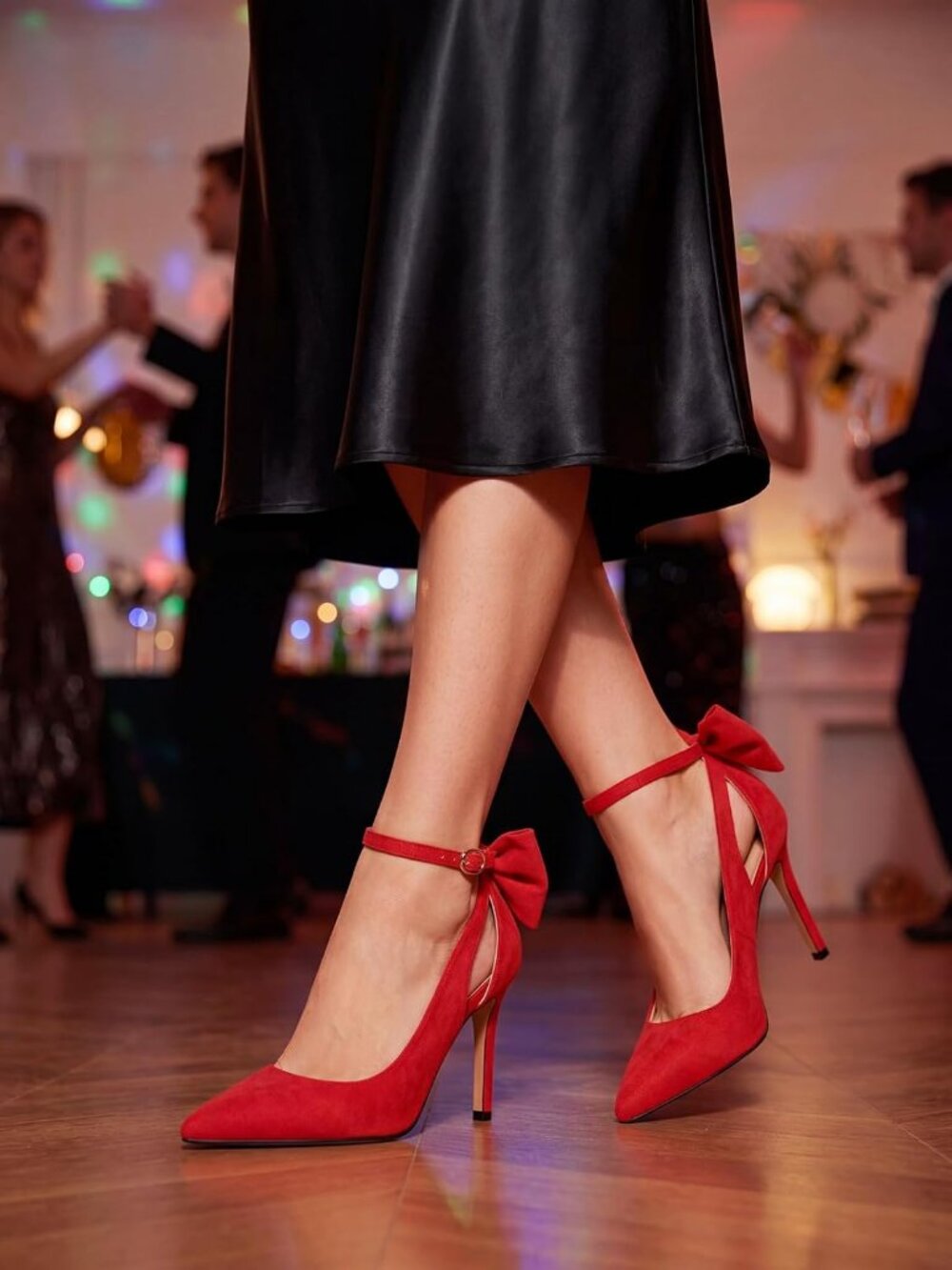 Women's Red Pointed Toe High Heels Ankle Strap Pumps Bowtie Back Dress Shoes - Picture 4 of 5